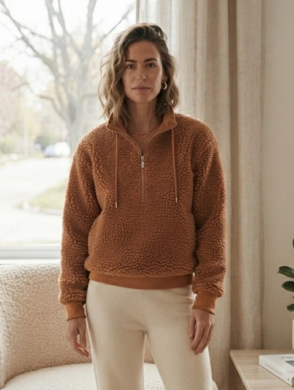 Maison Cinqcept S Quarter Zip Teddy Sweater Camel Loungewear Contemporary Fall